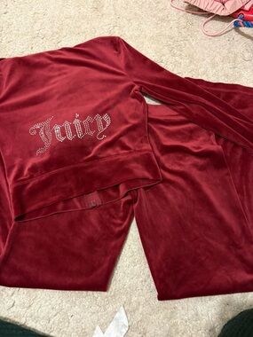 Juicy Couture Deep Red Velour Zip Hoodie with Silver 'J' Pull